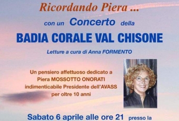 “Ricordando Piera” sabato 6 aprile 2019 Concerto Badia Corale Val Chisone